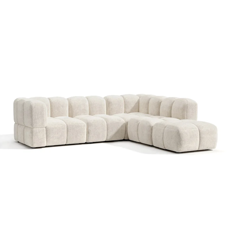 Canapé grand angle droit modulable 7 places NUBI velours texturé crème