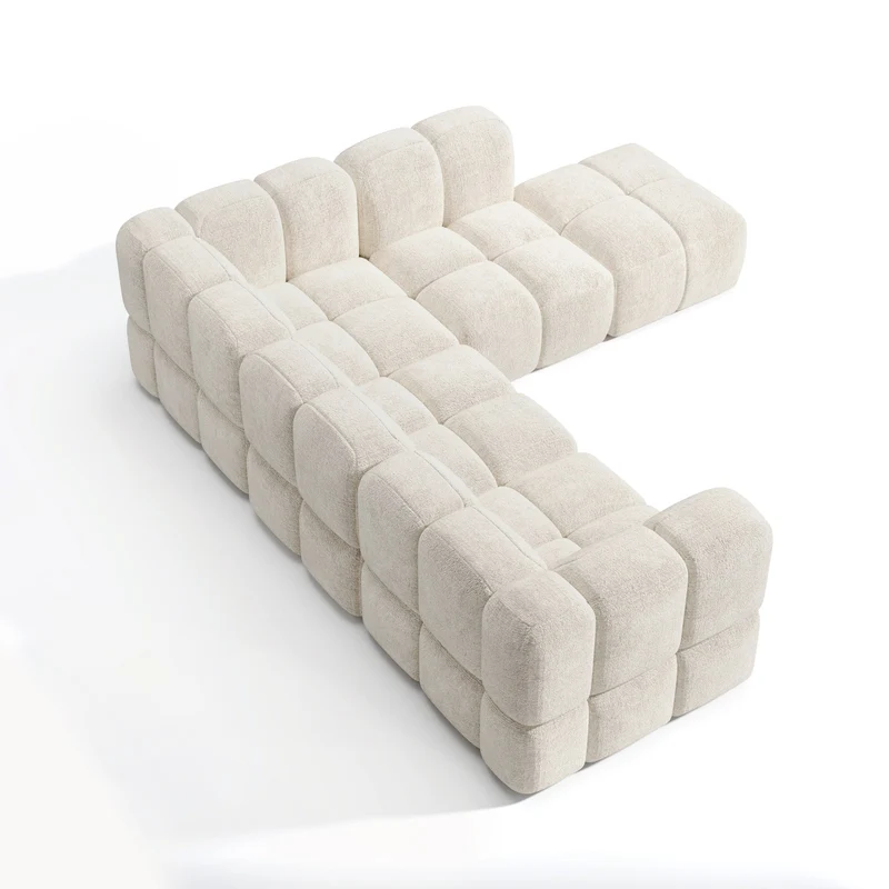 Canapé grand angle droit modulable 7 places NUBI velours texturé crème