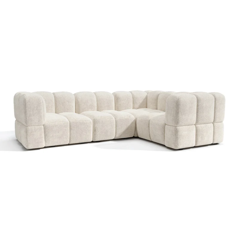 Canapé d'angle droit modulable 5-6 places NUBI velours texturé crème