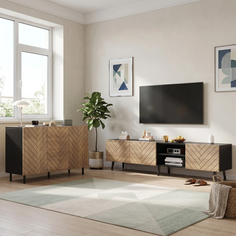 Ensemble buffet et meuble TV effet bois naturel 180/120cm MODERNPINEELITE