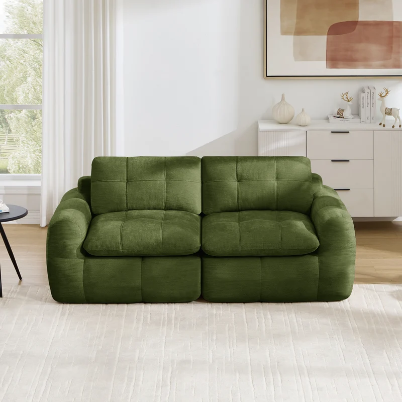 Canapé modulable 2 places vert en chenille profond et moelleux 194cm RUSTICCURTAINSET