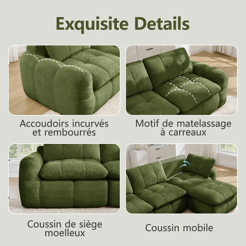 Canapé modulable 3 places matelassé en chenille verte 264 cmRUSTICCURTAINHOME