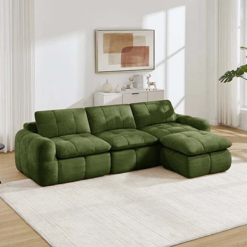 Canapé 3 places modulable matelassé en chenille verte 264cm RUSTICCUSHIONSET