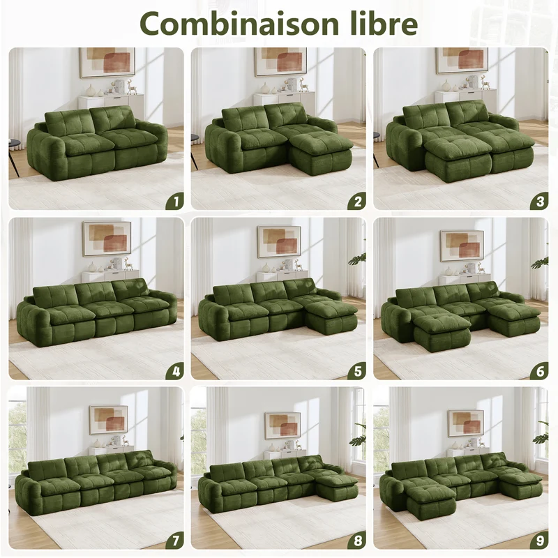 Canapé 3 places modulable matelassé en chenille verte 264cm RUSTICCUSHIONSET