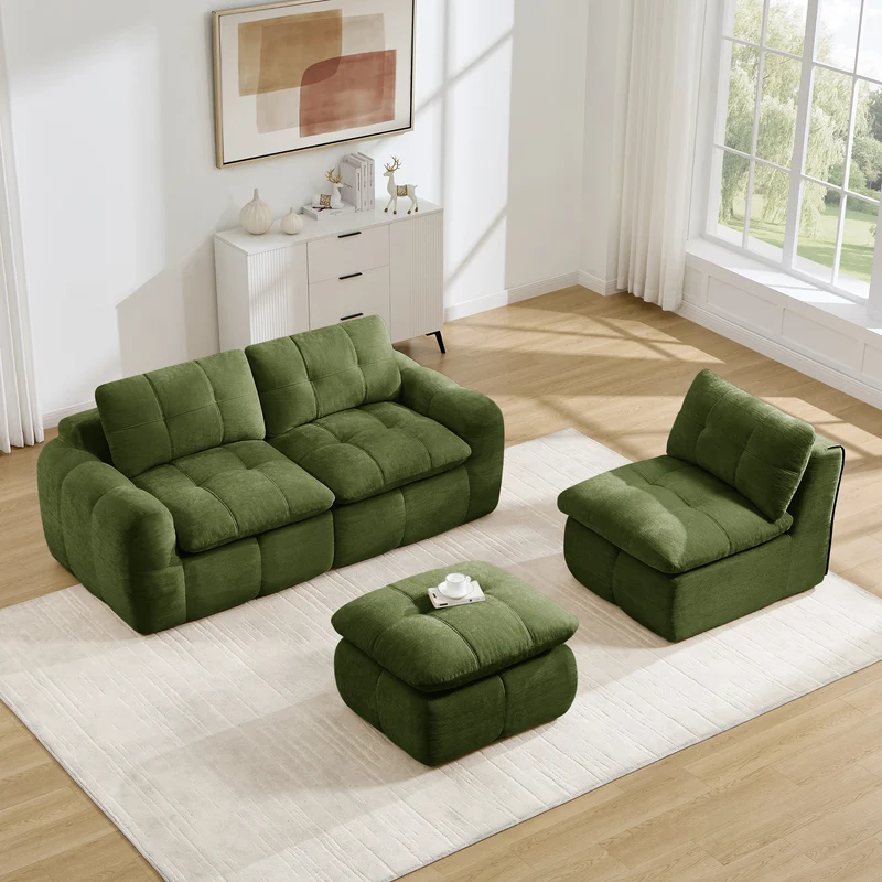 Canapé 3 places modulable matelassé en chenille verte 264cm RUSTICCUSHIONSET