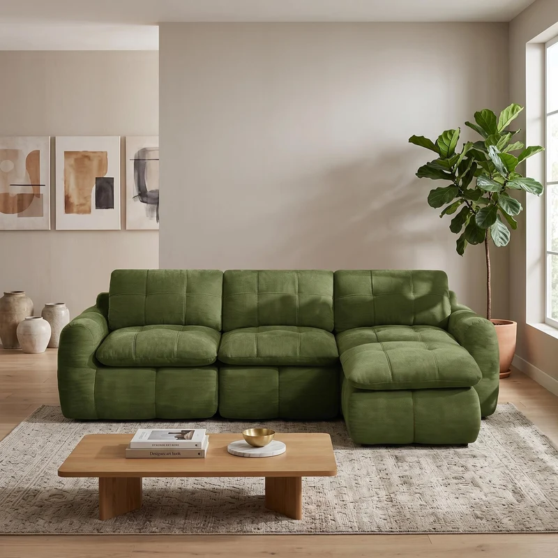 Canapé 3 places modulable matelassé en chenille verte 264cm RUSTICCUSHIONSET