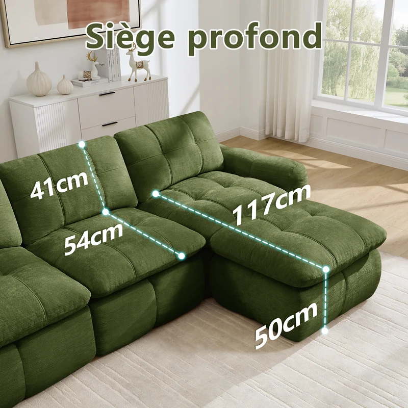 Canapé 3 places modulable matelassé en chenille verte 264cm RUSTICCUSHIONSET