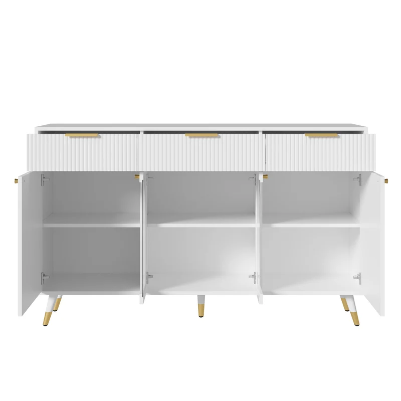 Buffet blanc motif texturé et vitrine avec 4 portes et 3 tiroirs, style moderne 140cm RUSTICLAMP