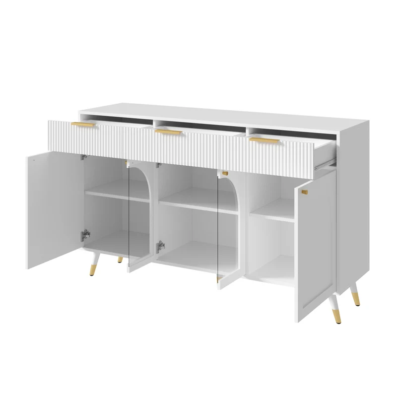 Buffet blanc motif texturé et vitrine avec 4 portes et 3 tiroirs, style moderne 140cm RUSTICLAMP