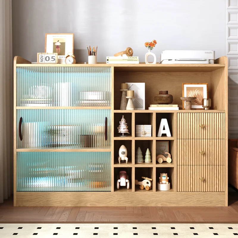 Buffet effet bois avec LED, portes vitrées et range-bouteilles 120×85×30cm RUSTICSCREENART