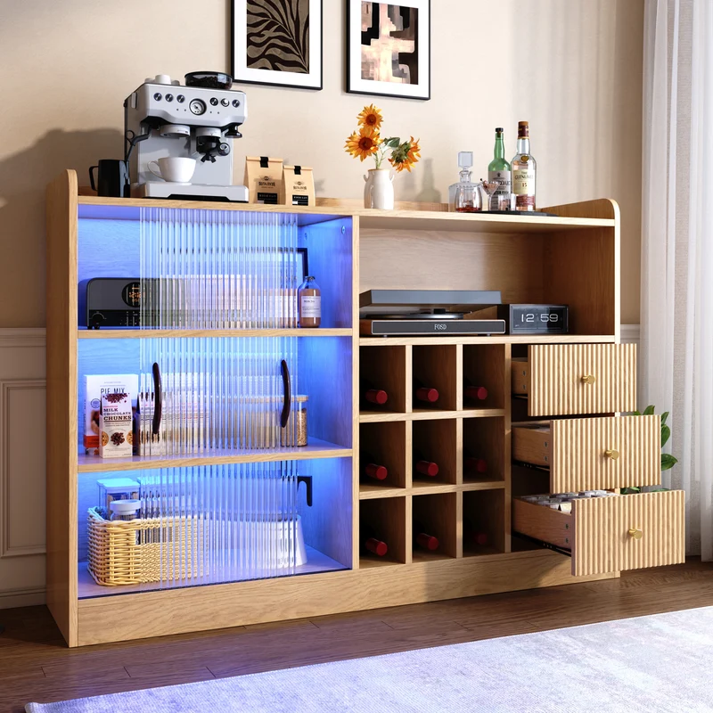 Buffet effet bois avec LED, portes vitrées et range-bouteilles 120×85×30cm RUSTICSCREENART