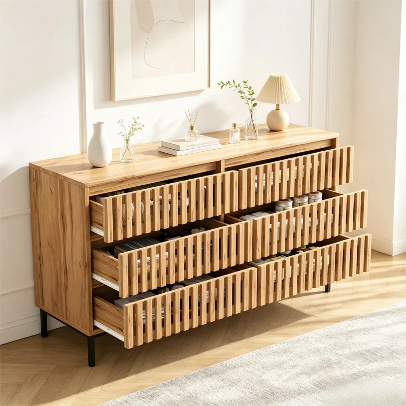 Buffet effet bois 6 tiroirs, style cannage 120x40x81cm RUSTICPANELHOME