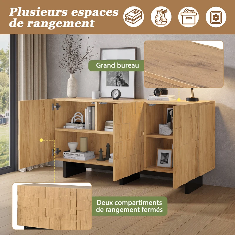 Buffet effet bois naturel motif 3D texturé 3 portes 140×40×70cm RUSTICNIGHTSTANDART