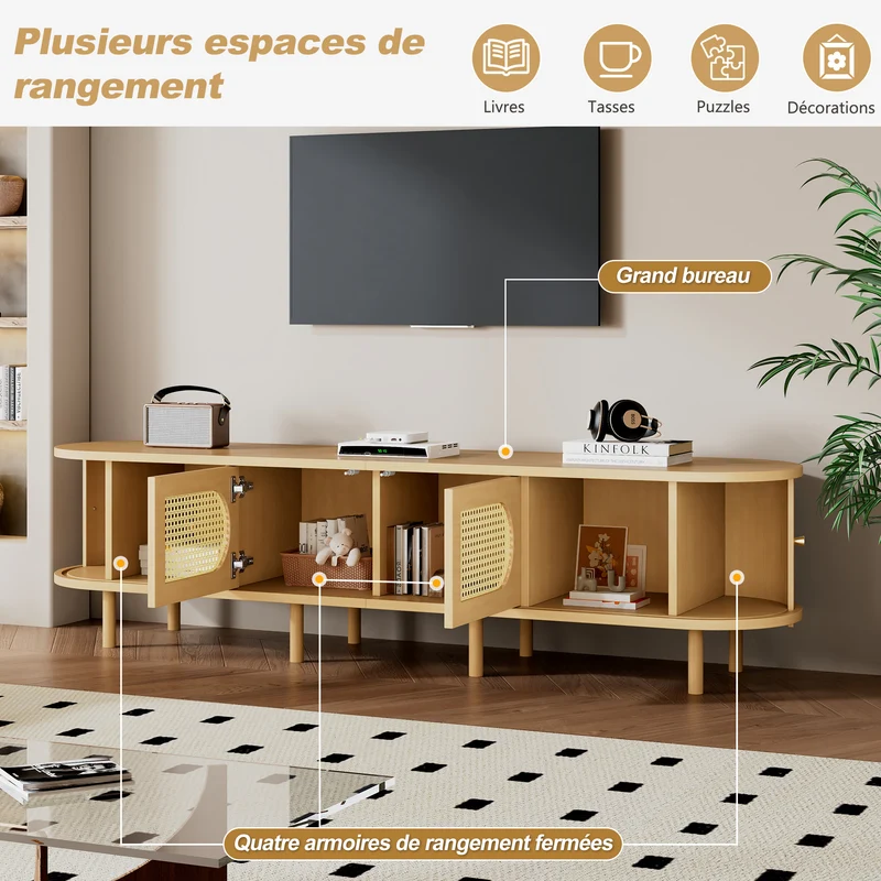 Meuble TV effet bois clair et rotin, style rétro 180cm RUSTICONE
