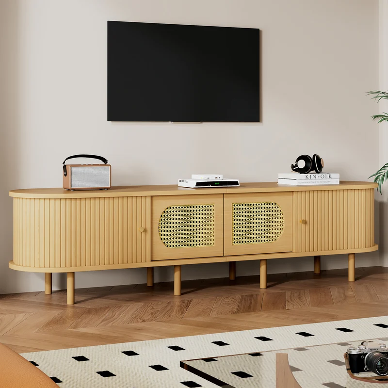 Meuble TV effet bois clair et rotin, style rétro 180cm RUSTICONE