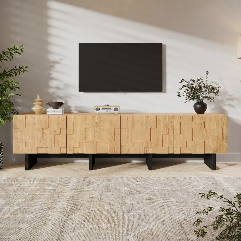 Meuble TV effet bois naturel motif 3D texturé 4 portes 180cm RUSTICLINE