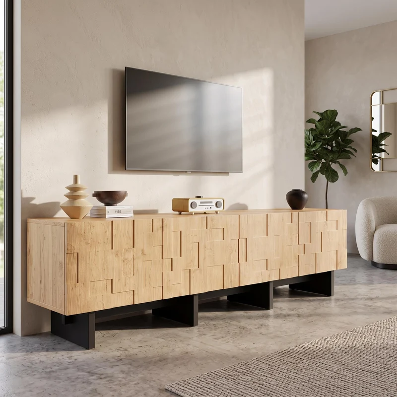 Meuble TV effet bois naturel motif 3D texturé 4 portes 180cm RUSTICLINE
