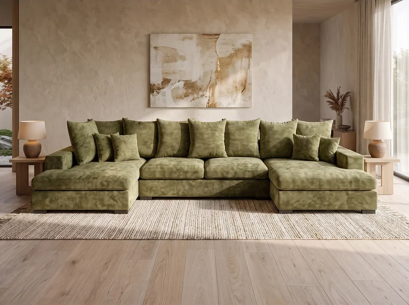 Canapé Panoramique d'Angle XXL en Tissu Vert 5 Places - SELLO