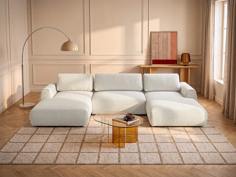 Canapé Panoramique d'Angle XXL Convertible en Tissu Beige - MONELIA
