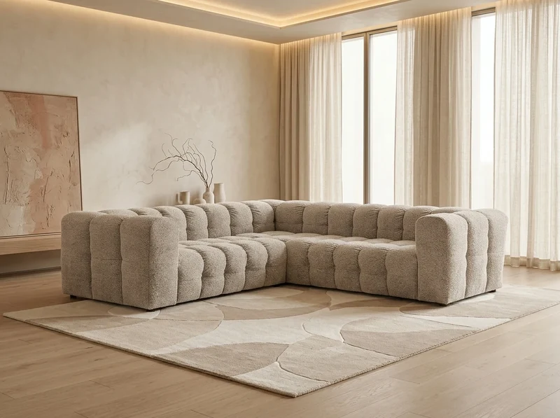 Canapé Panoramique d'Angle en Chenille Beige 6 Places - BALOO