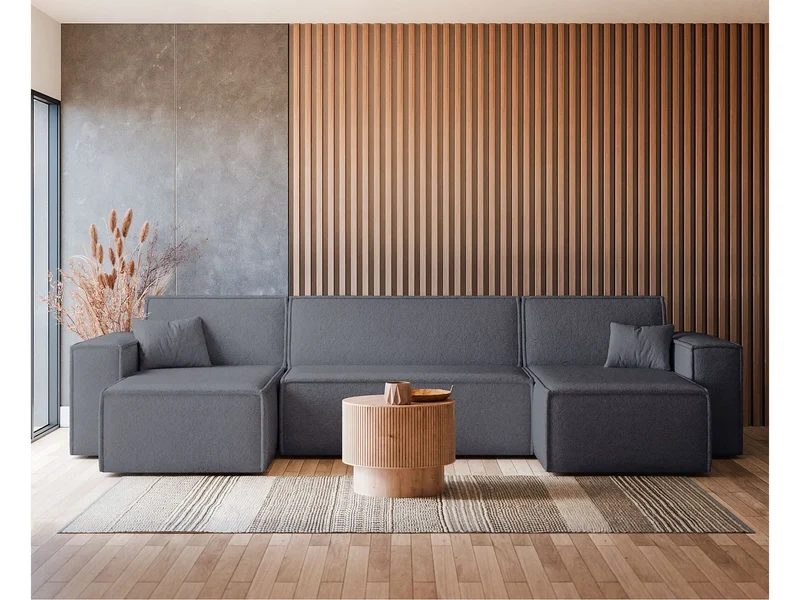 Canapé Panoramique d'Angle Convertible en Tissu Gris 5 Places - SCARLO