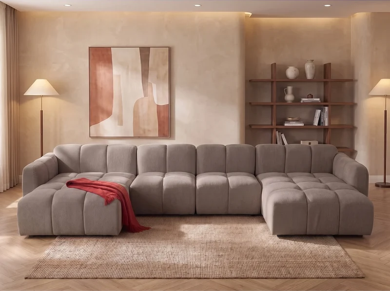 Canapé Panoramique d'Angle XXL Modulable en Tissu Taupe - CARLIVI