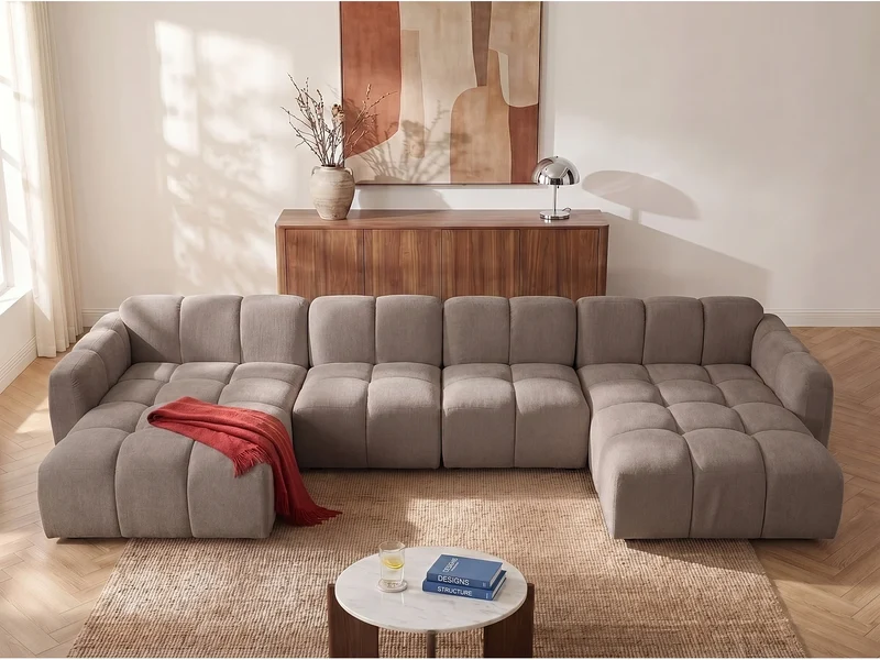 Canapé Panoramique d'Angle XXL Modulable en Tissu Taupe - CARLIVI