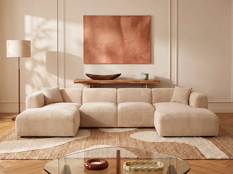 Canapé Panoramique d'Angle XXL Modulable en Velours Côtelé Beige - POGNI