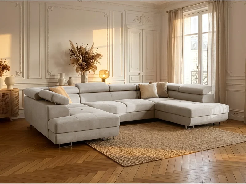 Canapé Panoramique d'Angle Convertible en Velours Taupe 6 Places - FALIO