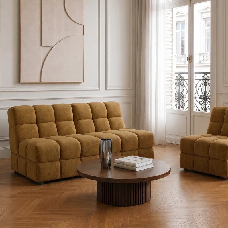 2 fauteuils chauffeuses SEVENTY tissu tramé toucher doux moutarde