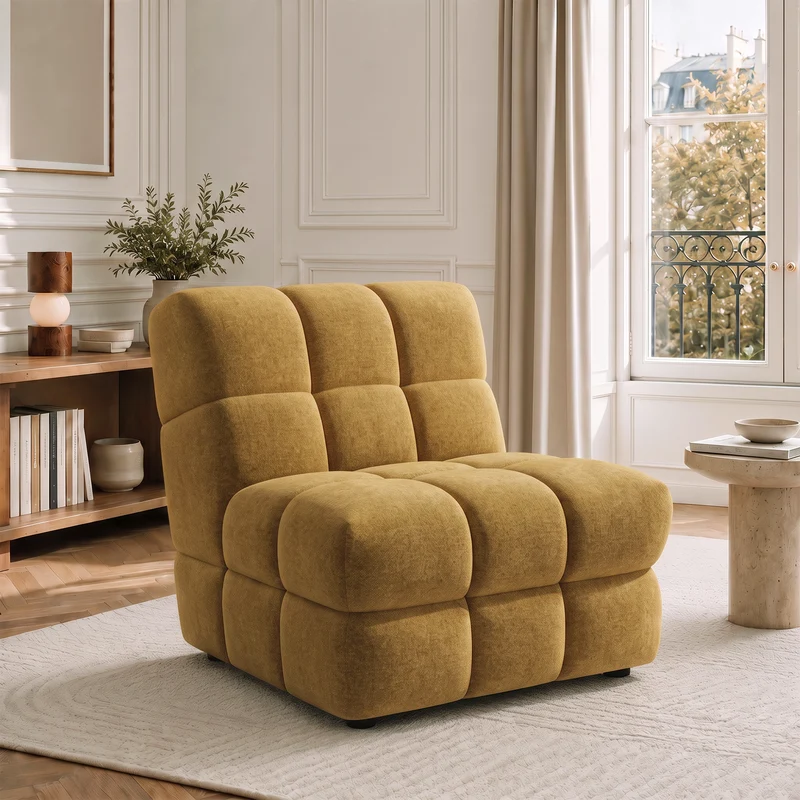 2 fauteuils chauffeuses SEVENTY tissu tramé toucher doux moutarde