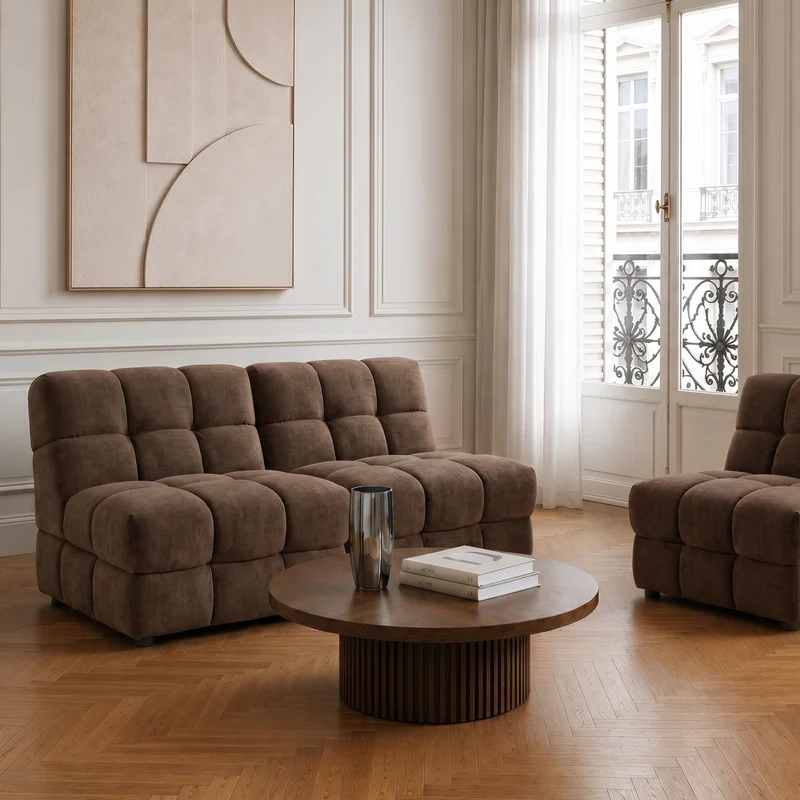 2 fauteuils chauffeuses SEVENTY tissu tramé toucher doux marron glacé