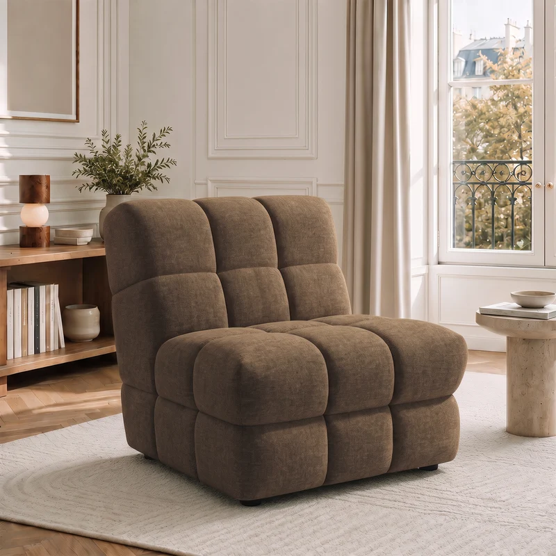 2 fauteuils chauffeuses SEVENTY tissu tramé toucher doux marron glacé