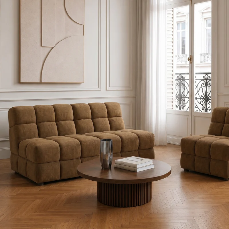 2 fauteuils chauffeuses SEVENTY tissu tramé toucher doux miel foncé