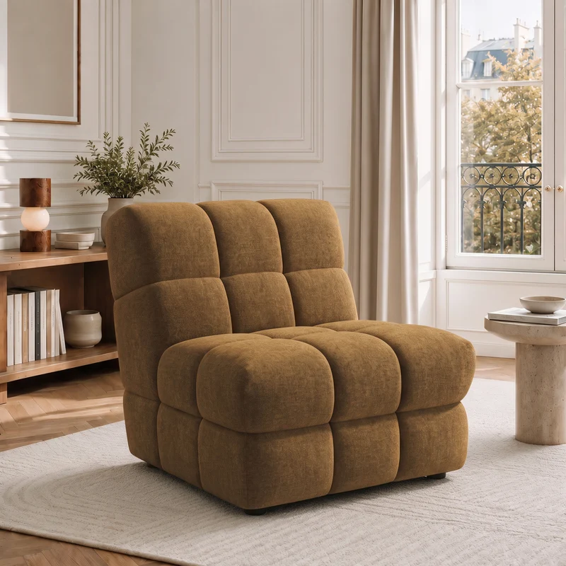 2 fauteuils chauffeuses SEVENTY tissu tramé toucher doux miel foncé