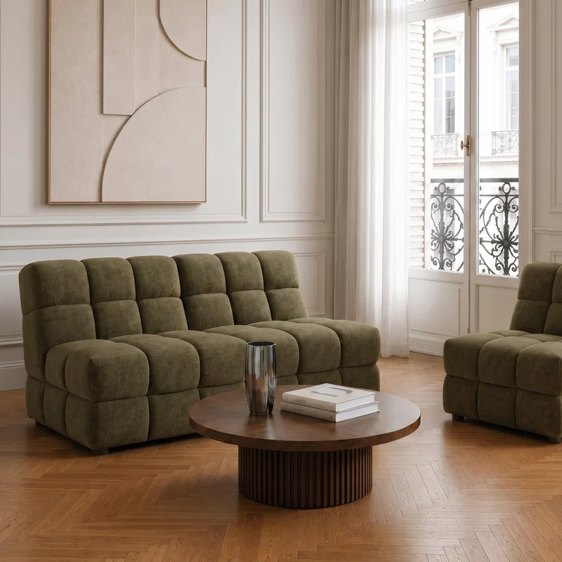 2 fauteuils chauffeuses SEVENTY tissu tramé toucher doux vert vintage