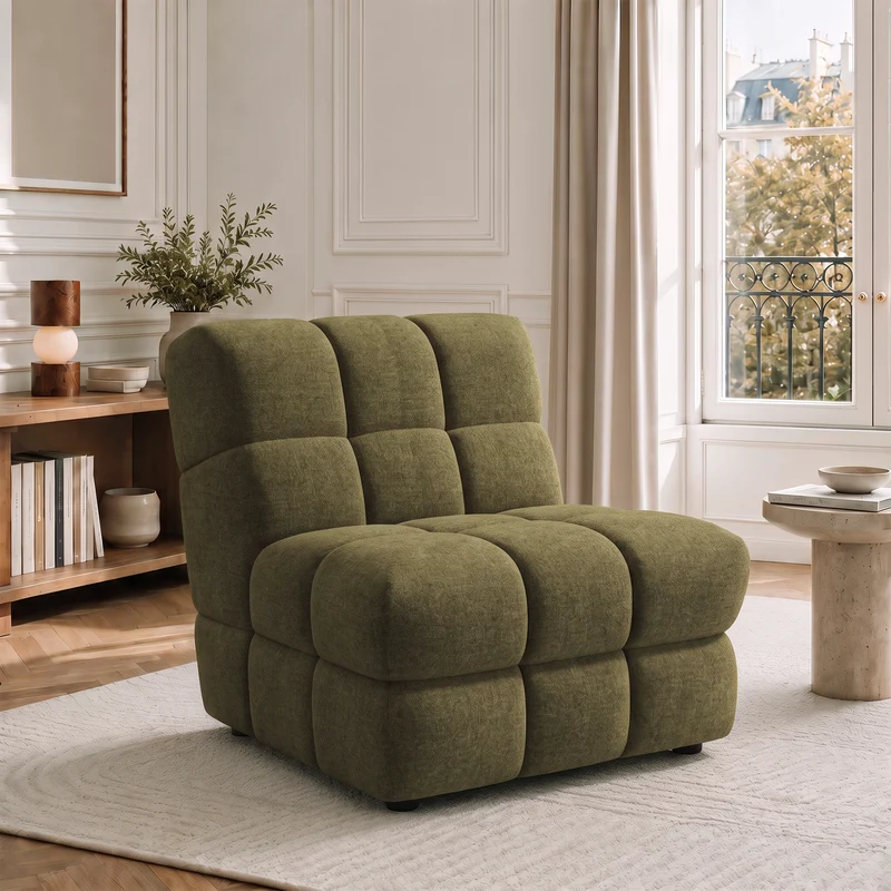 2 fauteuils chauffeuses SEVENTY tissu tramé toucher doux vert vintage