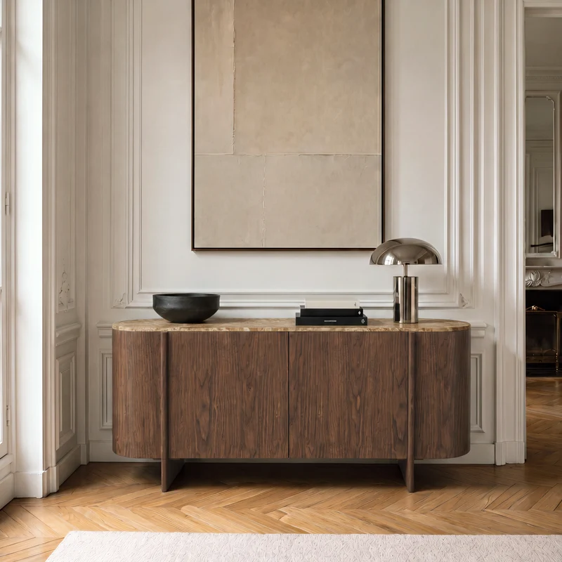 Buffet NAOR marbre beige naturel et bois noyer foncé