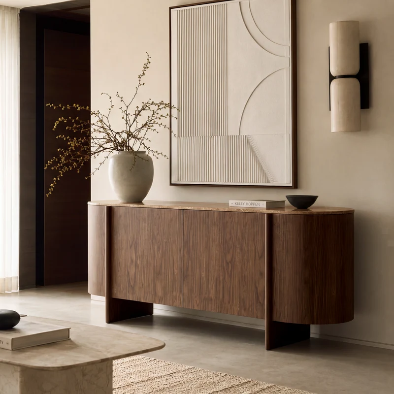 Buffet NAOR marbre beige naturel et bois noyer foncé