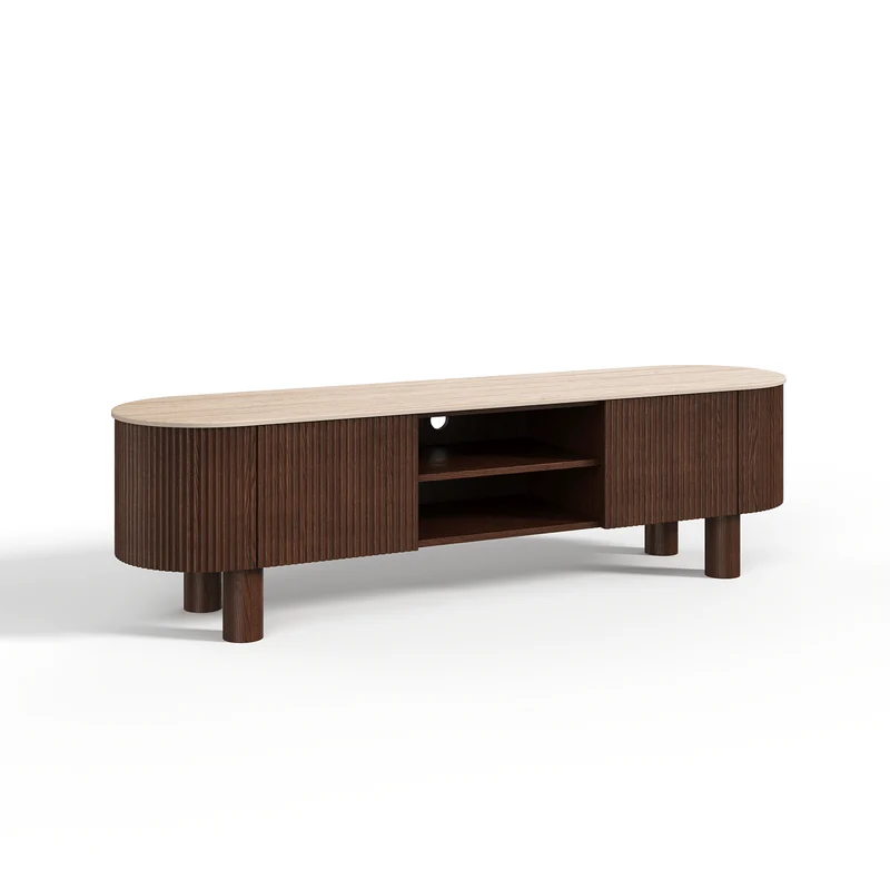 Meuble TV OREA céramique et bois noyer foncé 160cm