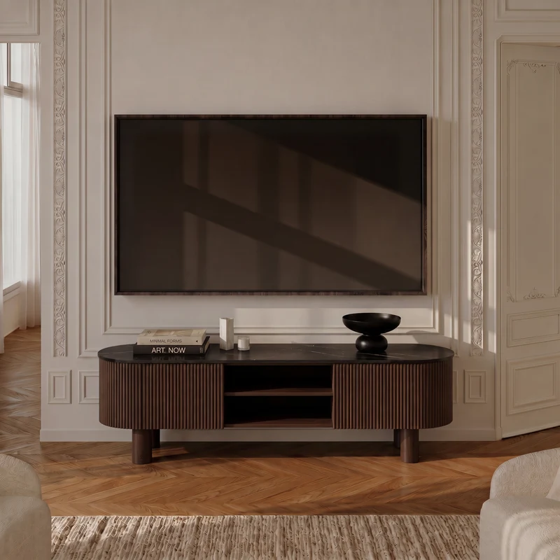 Meuble TV OREA céramique et bois noyer foncé 160cm
