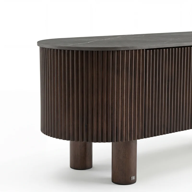 Meuble TV OREA céramique et bois noyer foncé 160cm