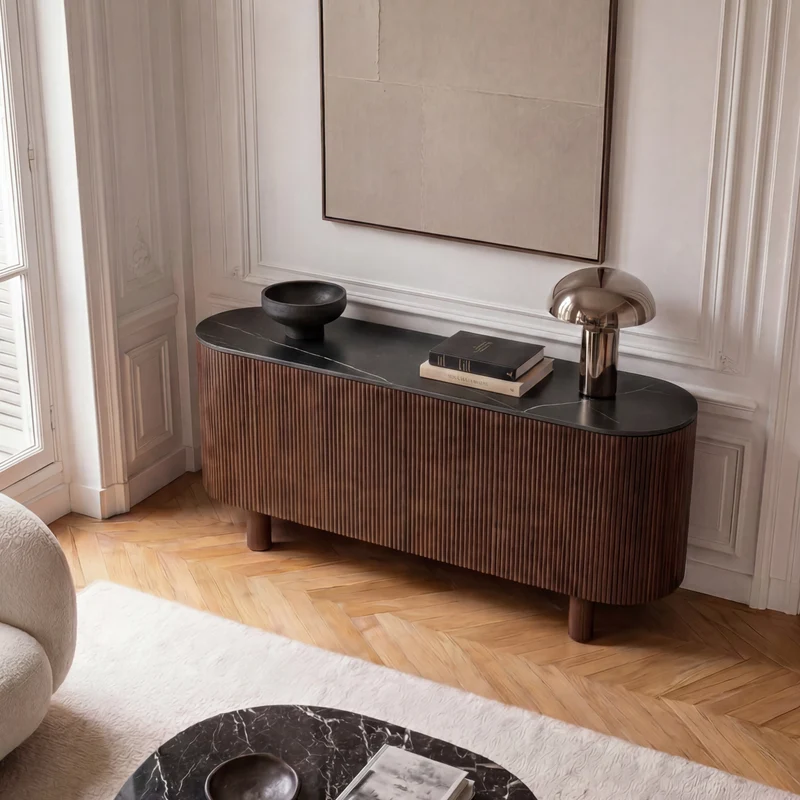 Buffet OREA céramique et bois noyer foncé 160cm