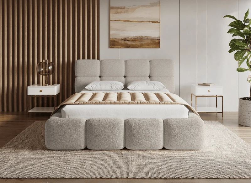 Lit coffre en tissu bouclette taupe 140x190 cm BUBBLE