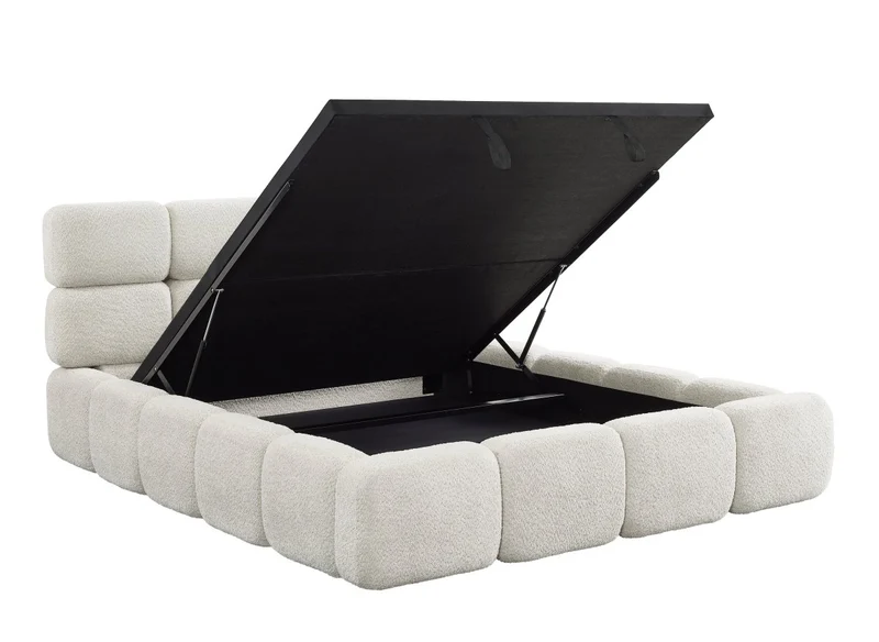 Lit coffre en tissu bouclette beige 140x190 cm BUBBLE