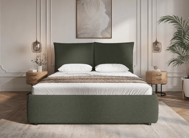 Lit coffre en tissu bouclette vert olive 180x200 cm MELY