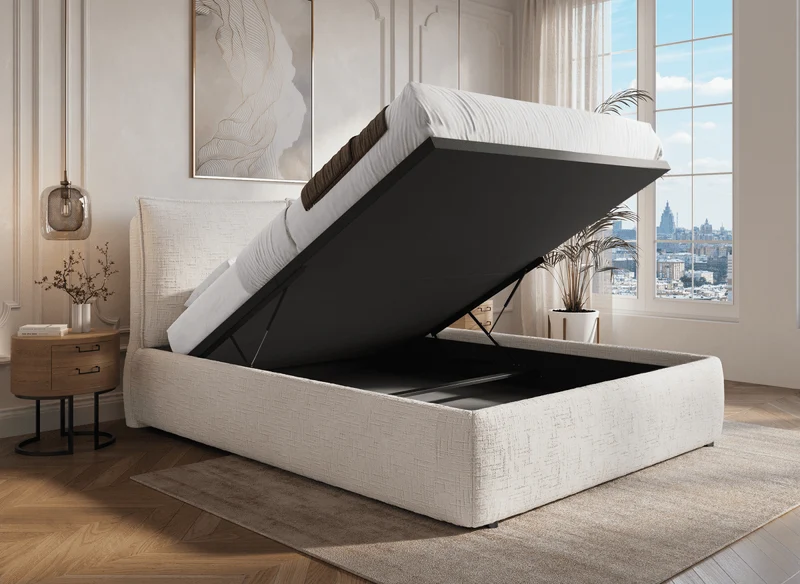 Lit coffre en velours chiné beige 160x200 cm MELY