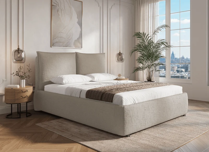Lit coffre en velours chiné taupe 140x190 cm MELY