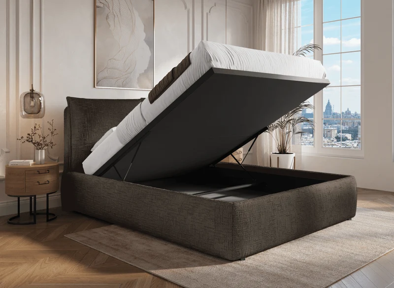 Lit coffre en velours chiné marron 140x190 cm MELY