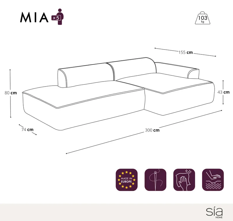 Canapé angle droit 300cm MIA Velours